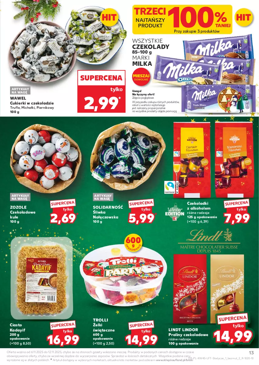 Gazetka promocyjna Kaufland - Gazetka tygodnia - ważna 06.11 do 12.11.2025 - strona 13 - produkty: Alkohole, Cukier, Cukierki, Dres, Lindor, Lindt, Lody, Michałki, Milka, Piernik, Por, Praliny, Waga, Wawel