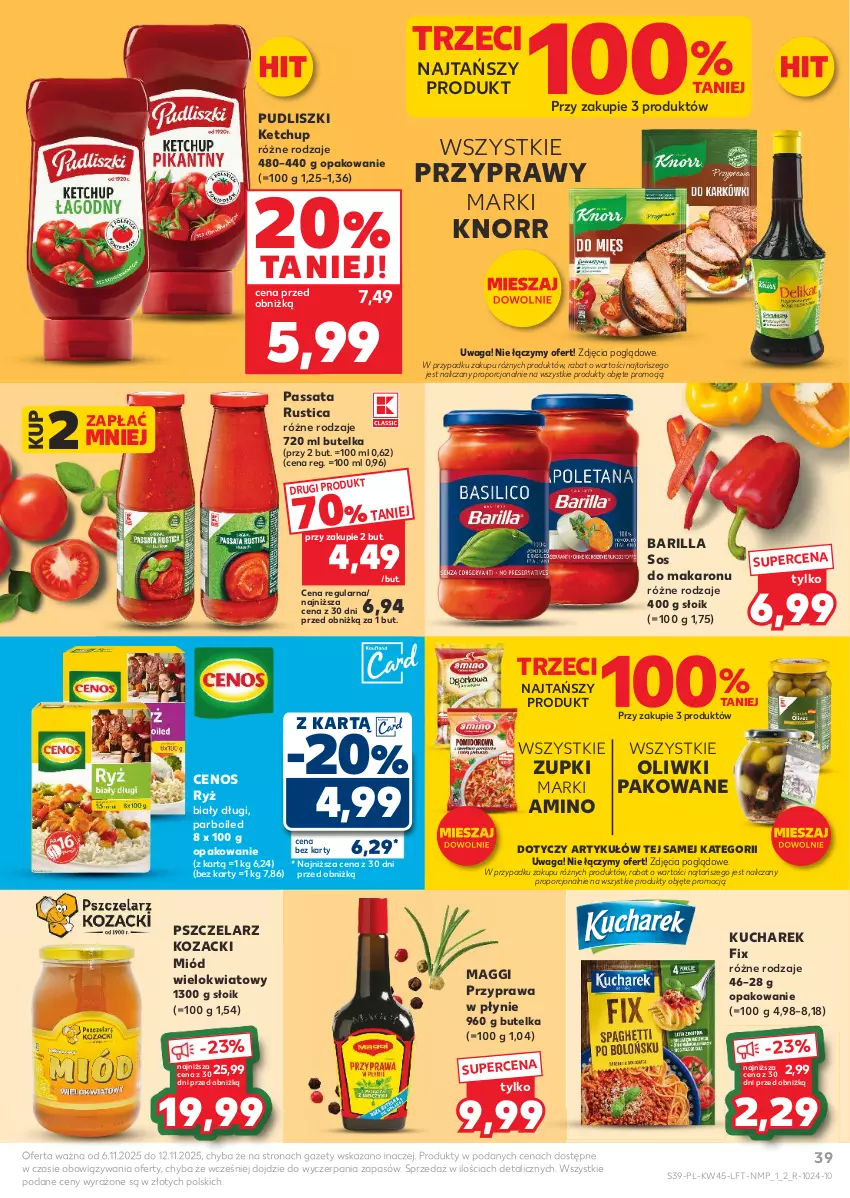 Gazetka promocyjna Kaufland - Gazetka tygodnia - ważna 06.11 do 12.11.2025 - strona 39 - produkty: Barilla, Cenos, Ketchup, Knorr, Kucharek, Maggi, Makaron, Miód, Oliwki, Por, Przyprawa w płynie, Przyprawy, Pudliszki, Rust, Ryż, Ryż biały, Sos, Sos do makaronu, Waga