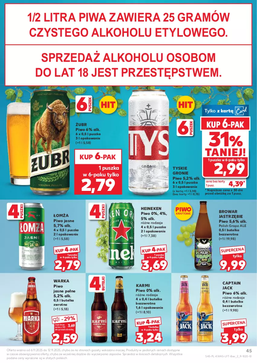 Gazetka promocyjna Kaufland - Gazetka tygodnia - ważna 06.11 do 12.11.2025 - strona 45 - produkty: Captain Jack, Gra, Heineken, Karmi, Piwa, Piwo, Piwo jasne, Tyskie, Warka