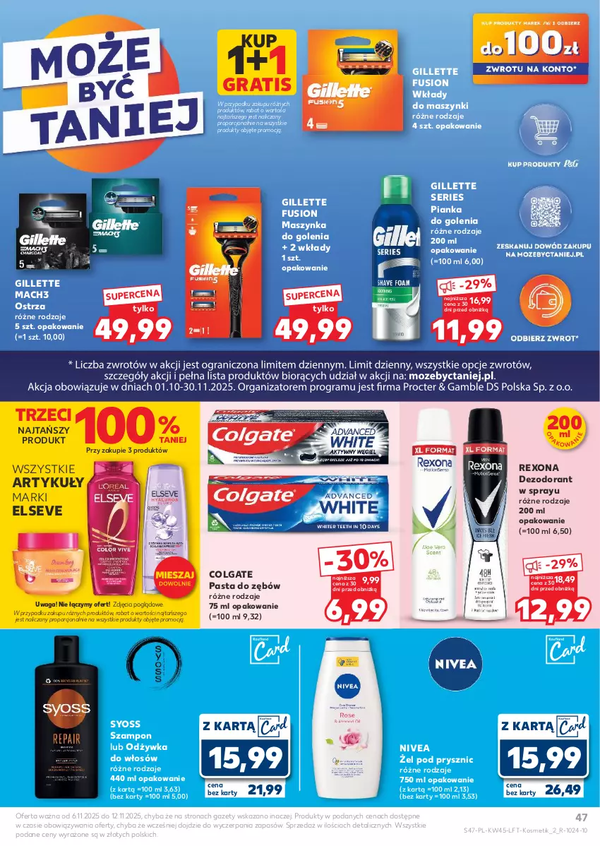 Gazetka promocyjna Kaufland - Gazetka tygodnia - ważna 06.11 do 12.11.2025 - strona 47 - produkty: Colgate, Dezodorant, Elseve, Fusion, Gillette, Gra, LG, Mach3, Maszynka, Maszynka do golenia, Nivea, Odżywka, Pasta do zębów, Pianka do golenia, Por, Rexona, Ser, Syoss, Szampon, Szynka, Waga