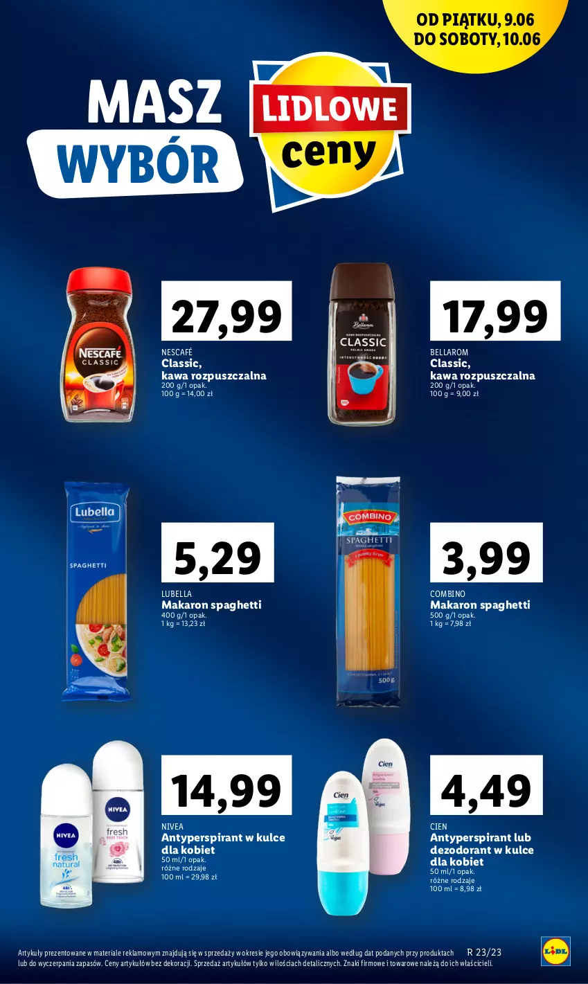 Gazetka promocyjna Lidl - GAZETKA - ważna 09.06 do 10.06.2023 - strona 11 - produkty: Antyperspirant, Bell, Bella, Dezodorant, Kawa, Kawa rozpuszczalna, Lubella, Makaron, Nescafé, Nivea, Spaghetti