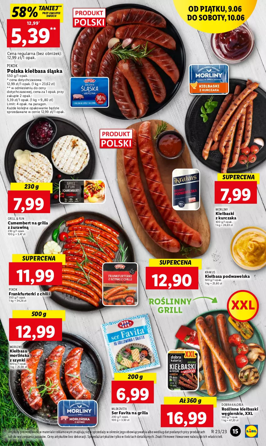 Gazetka promocyjna Lidl - GAZETKA - ważna 09.06 do 10.06.2023 - strona 23 - produkty: Camembert, Fa, Favita, Frankfurterki, Grill, Kiełbasa, Kiełbasa podwawelska, Kiełbasa śląska, Krakus, Kurczak, Mleko, Mlekovita, Morliny, Olej, PIKOK, Roślinne kiełbaski, Ser, Wawel