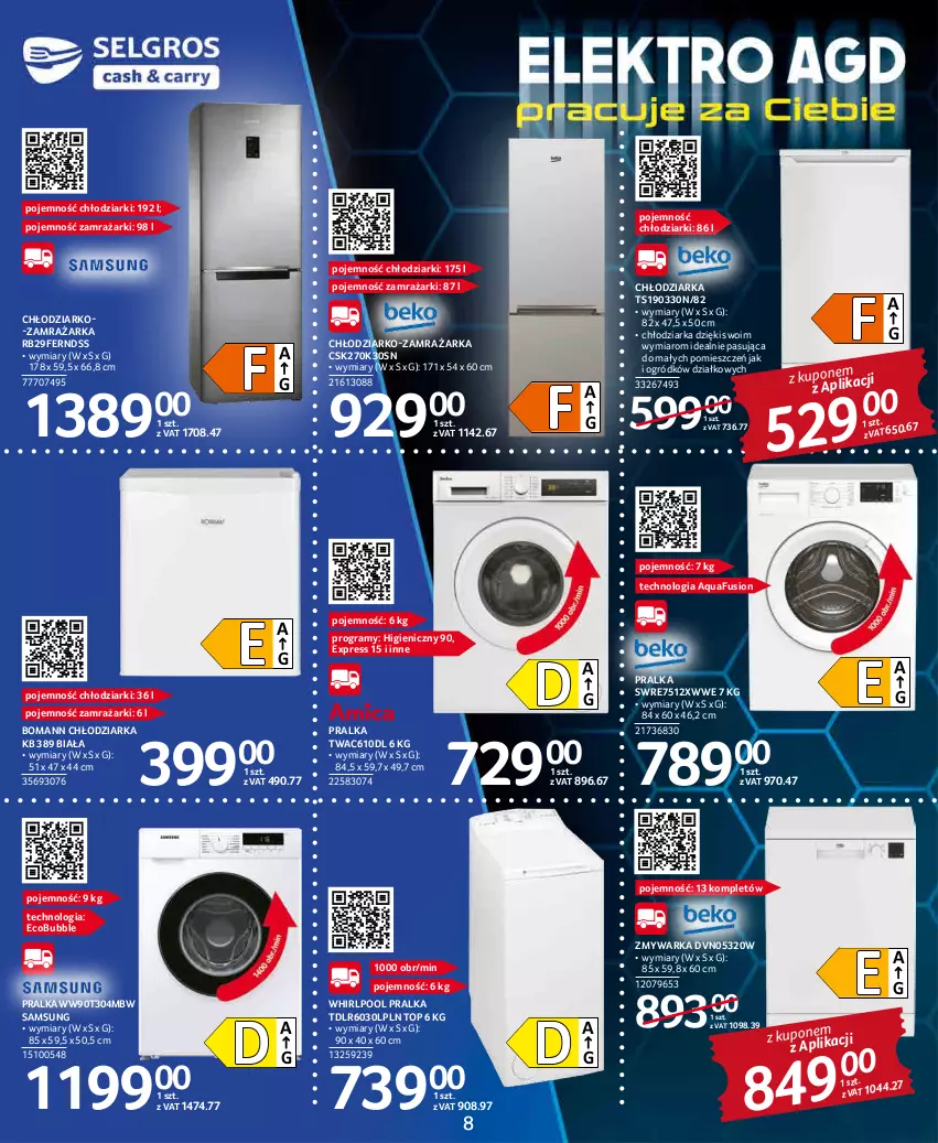 Gazetka promocyjna Selgros - Katalog Elektro - ważna 05.05 do 18.05.2022 - strona 8 - produkty: Chłodziarka, Fusion, Gra, K2, Ogród, Pralka, Samsung, Top, Warka, Whirlpool, Zamrażarka, Zmywarka