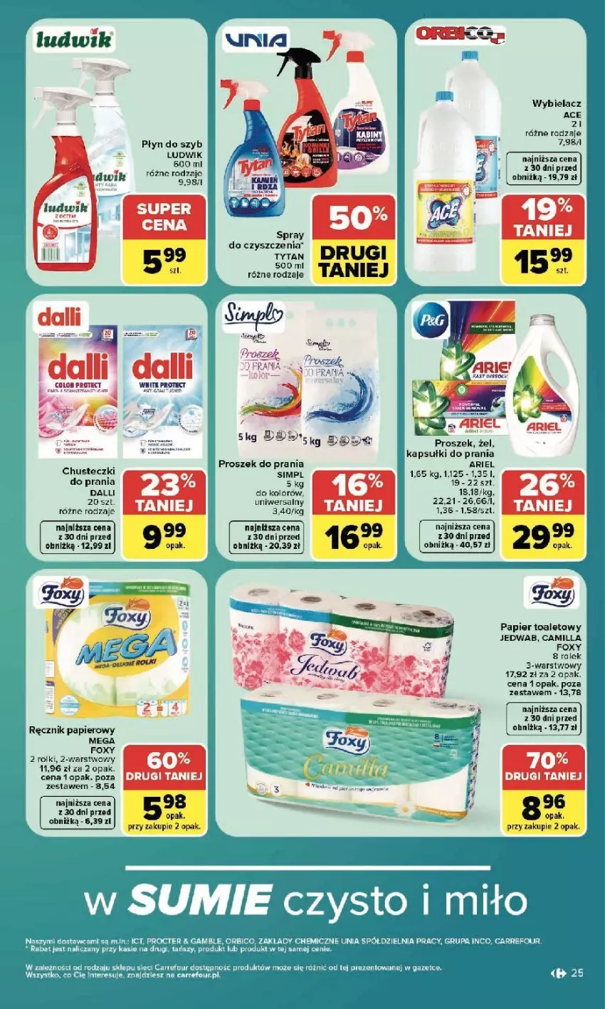 Gazetka promocyjna Carrefour - Gazetka Carrefour, Market z SUMIE najlepszy, od poniedziałku - ważna 20.07 do 25.07.2026 - strona 27 - produkty: Ariel, Chusteczki, Chusteczki do prania, Fa, Foxy, Kapsułki do prania, Ludwik, O nas, Papier, Papier toaletowy, Płyn do szyb, Por, Proszek do prania, Ręcznik, Rolki, Tytan