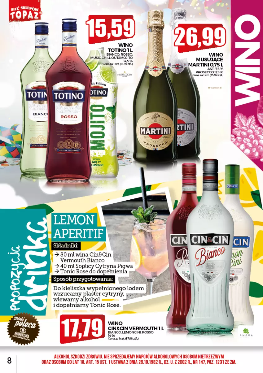 Gazetka promocyjna Topaz - Gazetka - ważna 01.02 do 28.02.2022 - strona 8 - produkty: Cytryny, Martini, Mus, Prosecco, Vermouth, Wino, Wino musujące