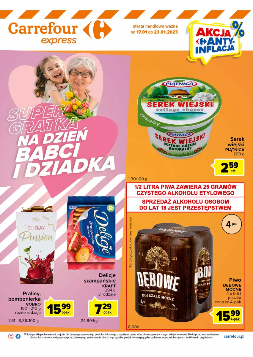 Gazetka promocyjna Carrefour - Gazetka Express - ważna 17.01 do 23.01.2023 - strona 2 - produkty: Delicje, Piątnica, Piwo, Praliny, Ser, Serek, Serek wiejski