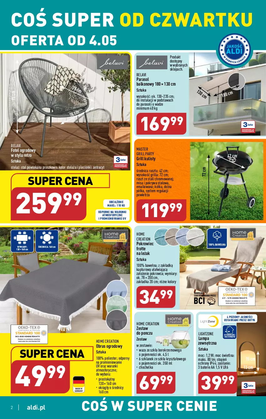 Gazetka promocyjna Aldi - COŚ na przyszły tydzień - ważna 04.05 do 06.05.2023 - strona 2 - produkty: Chochelka, Fotel, Grill, Lampa, Obrus, Parasol, Pokrowiec, Pokrywa, Półka, Por, Silan, Sok, Top, Wełna