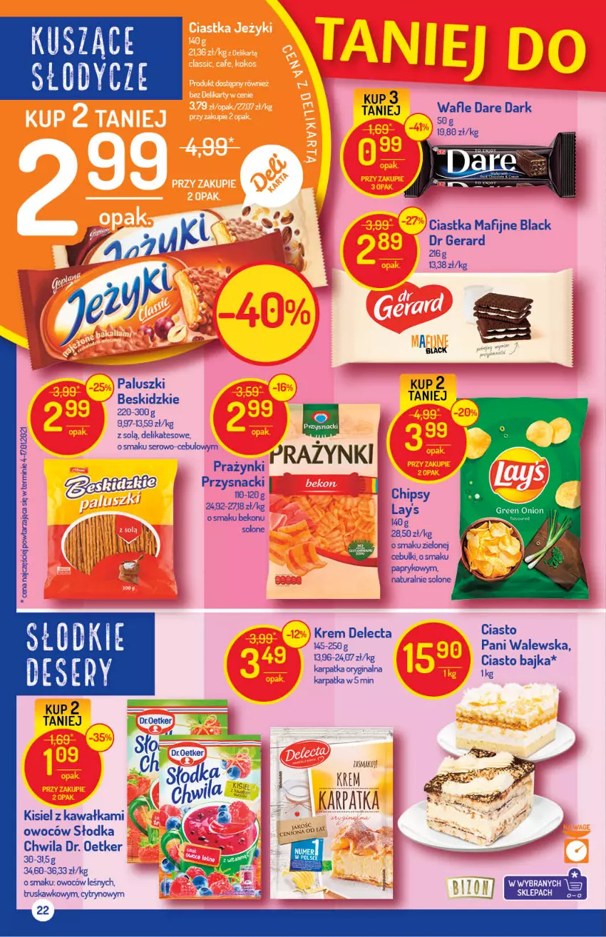 Gazetka promocyjna Delikatesy Centrum - ważna 11.03 do 17.03.2021 - strona 22 - produkty: Beko, Beskidzki, Chipsy, Ciastka, Delecta, Dr Gerard, Dr. Oetker, Gin, Karp, Kawa, Kisiel, Lack, Przysnacki, Ser, Słodka Chwila, Wafle