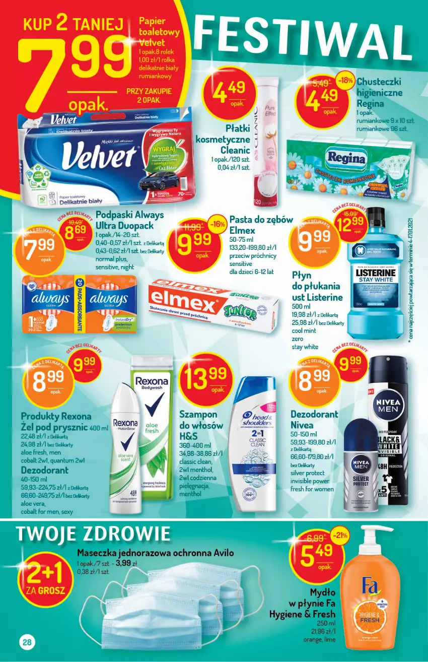 Gazetka promocyjna Delikatesy Centrum - ważna 11.03 do 17.03.2021 - strona 28 - produkty: Aloe vera, Always, Chusteczki, Dezodorant, Dzieci, Elmex, Gin, Listerine, Nivea, Podpaski, Rexona, Rum, Szampon