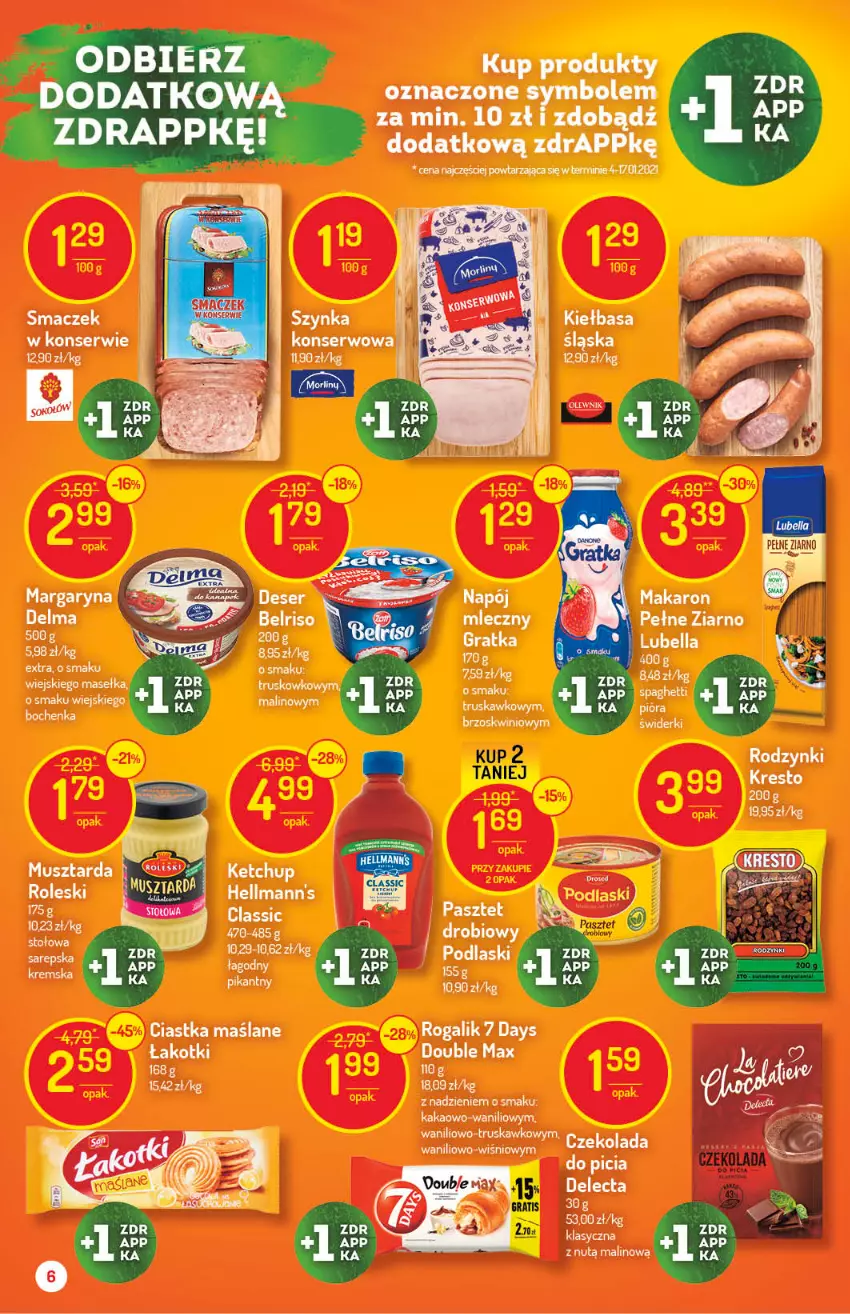 Gazetka promocyjna Delikatesy Centrum - ważna 11.03 do 17.03.2021 - strona 6 - produkty: 7 Days, Belriso, Ciastka, Delma, Gra, Kakao, Kiełbasa, LG, Makaron, Margaryna, Mus, Musztarda, Napój, Podlaski, Rodzynki, Rogal, Ser