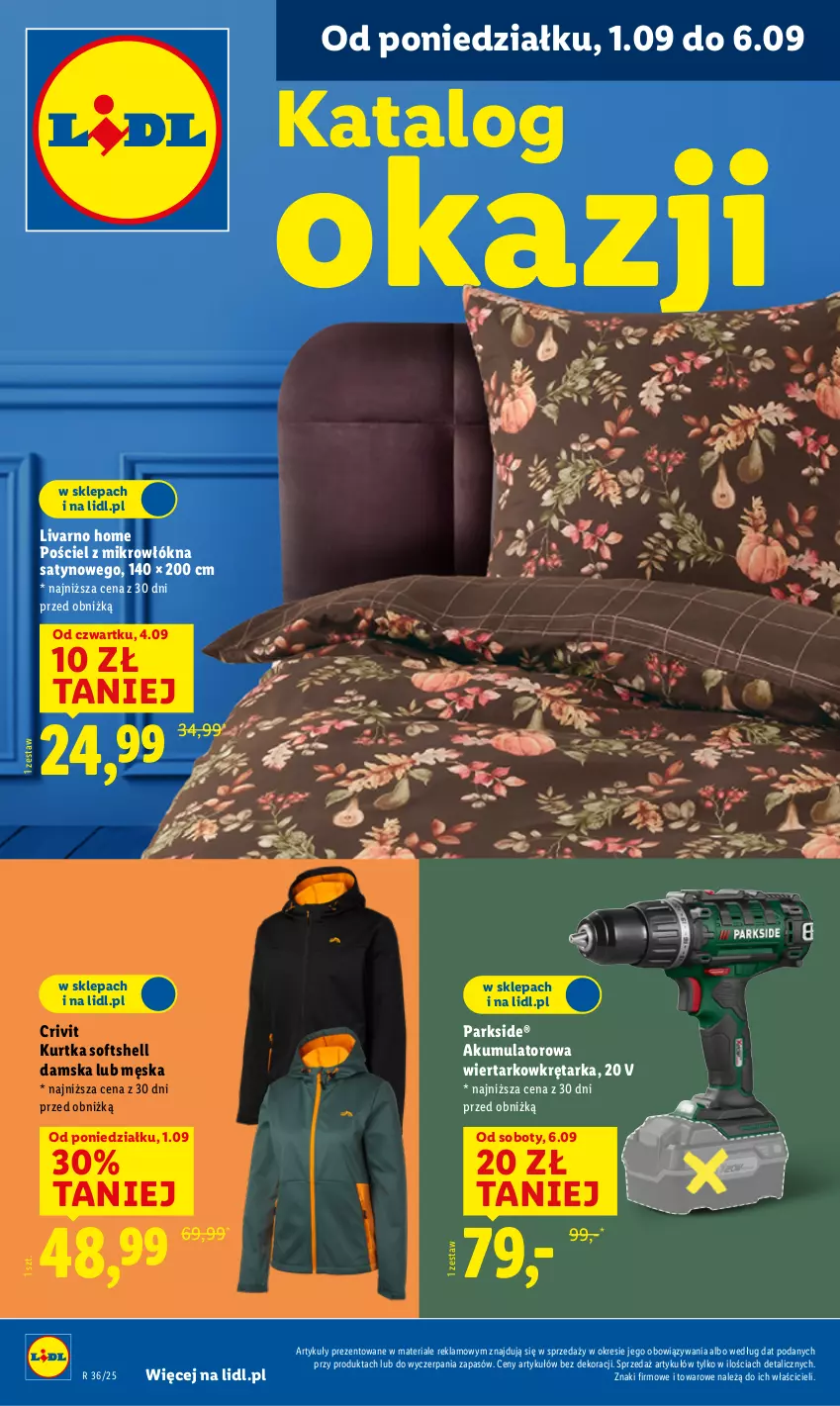 Gazetka promocyjna Lidl - GAZETKA - ważna 01.09 do 06.09.2025 - strona 1 - produkty: Akumulator, Akumulatorowa wiertarkowkrętark, Ivar, Kurtka, Kurtka softshell, Parkside, Pościel, Tarka, Wiertarkowkrętarka, Wkręt, Wkrętarka