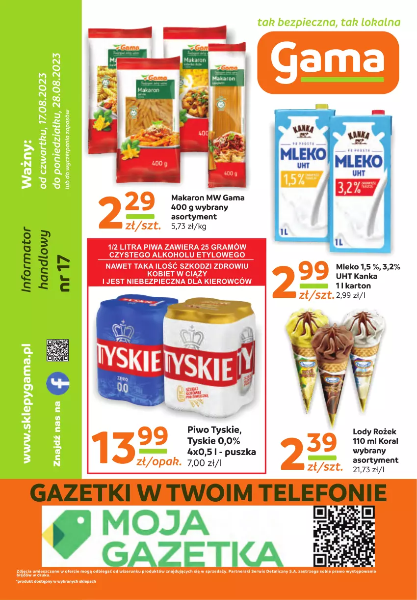 Gazetka promocyjna Gama - Gazetka Gama - ważna 17.08 do 28.08.2023 - strona 12 - produkty: Lody, Makaron, Mleko, Piec, Piwo, Tyskie