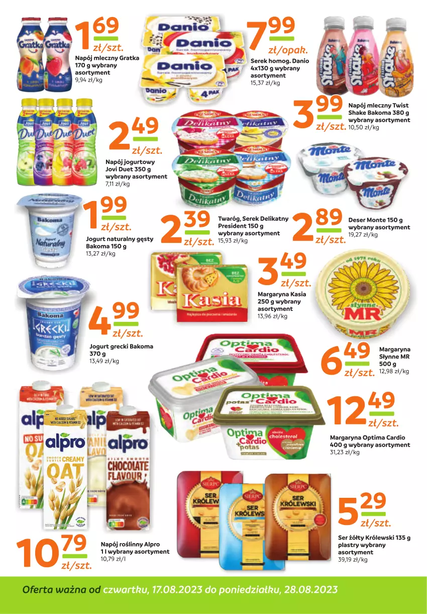 Gazetka promocyjna Gama - Gazetka Gama - ważna 17.08 do 28.08.2023 - strona 6 - produkty: Alpro, Bakoma, Danio, Deser, Gra, Jogurt, Jogurt naturalny, Kasia, Królewski, Margaryna, Monte, Napój, Napój jogurtowy, Napój mleczny, Napój roślinny, Optima, Optima Cardio, Ser, Serek, Twaróg