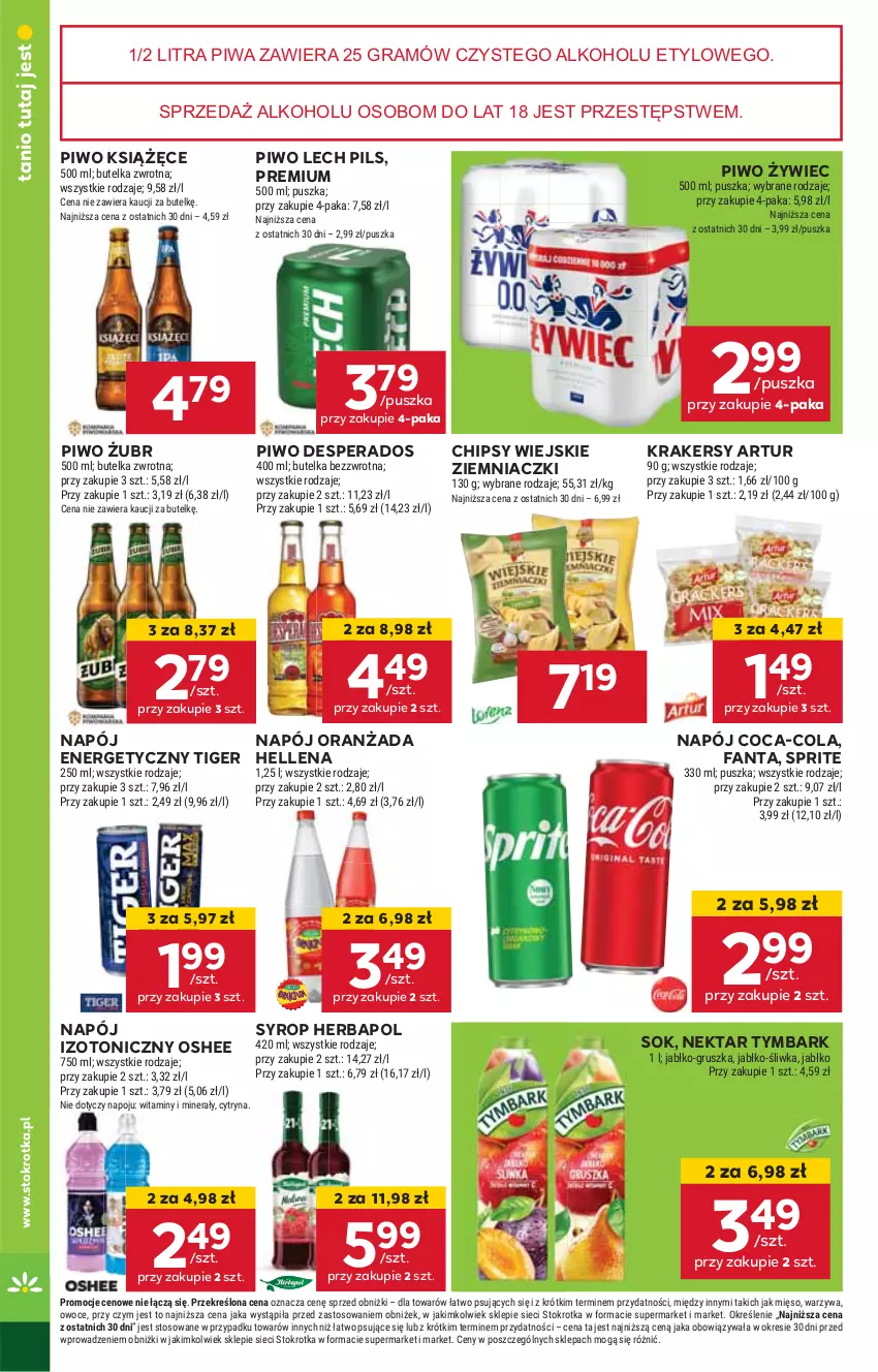 Gazetka promocyjna Stokrotka - Supermarket - ważna 17.10 do 23.10.2024 - strona 20 - produkty: Artur, Chipsy, Coca-Cola, Desperados, Fa, Fanta, Gra, Hellena, Herbapol, HP, Krakersy, Książęce, Napój, Napój izotoniczny, Nektar, Oranżada, Oshee, Piwa, Piwo, Sok, Sprite, Syrop, Tiger, Tymbark