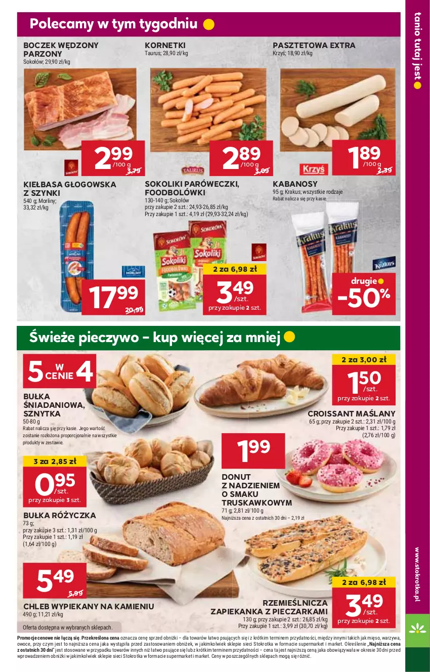 Gazetka promocyjna Stokrotka - Supermarket - ważna 17.10 do 23.10.2024 - strona 9 - produkty: Boczek, Bułka, Chleb, Croissant, Danio, Donut, HP, Kabanos, Kiełbasa, Kiełbasa głogowska, Pasztet, Piec, Pieczarka, Pieczywo, Sok, Sos, Zapiekanka