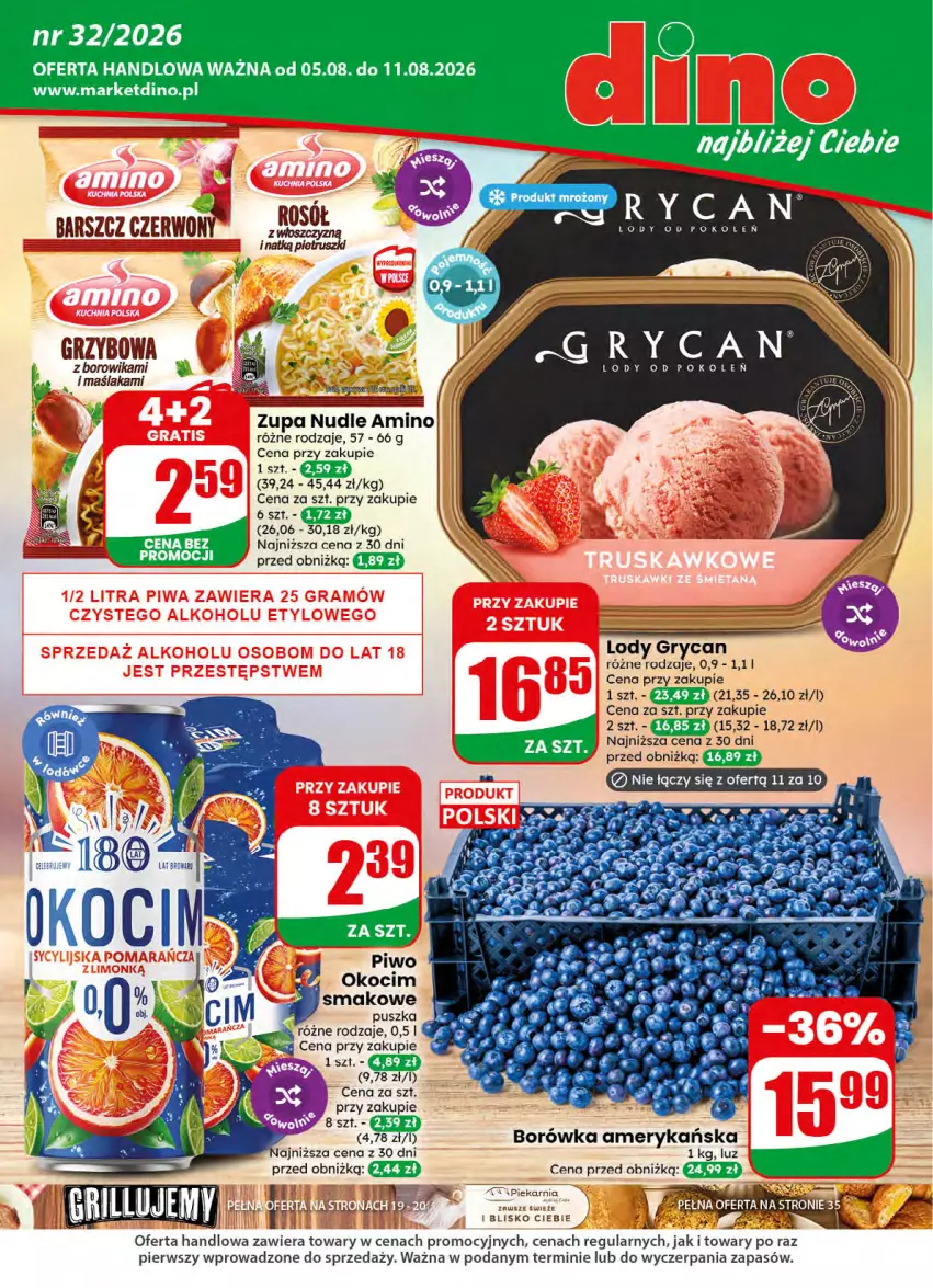 Gazetka promocyjna Dino - Gazetka 32 / 2026 - ważna 05.08 do 11.08.2026 - strona 1 - produkty: Borówka, Borówka amerykańska, Gry, JBL, Koc, Lody, Okocim, Zupa