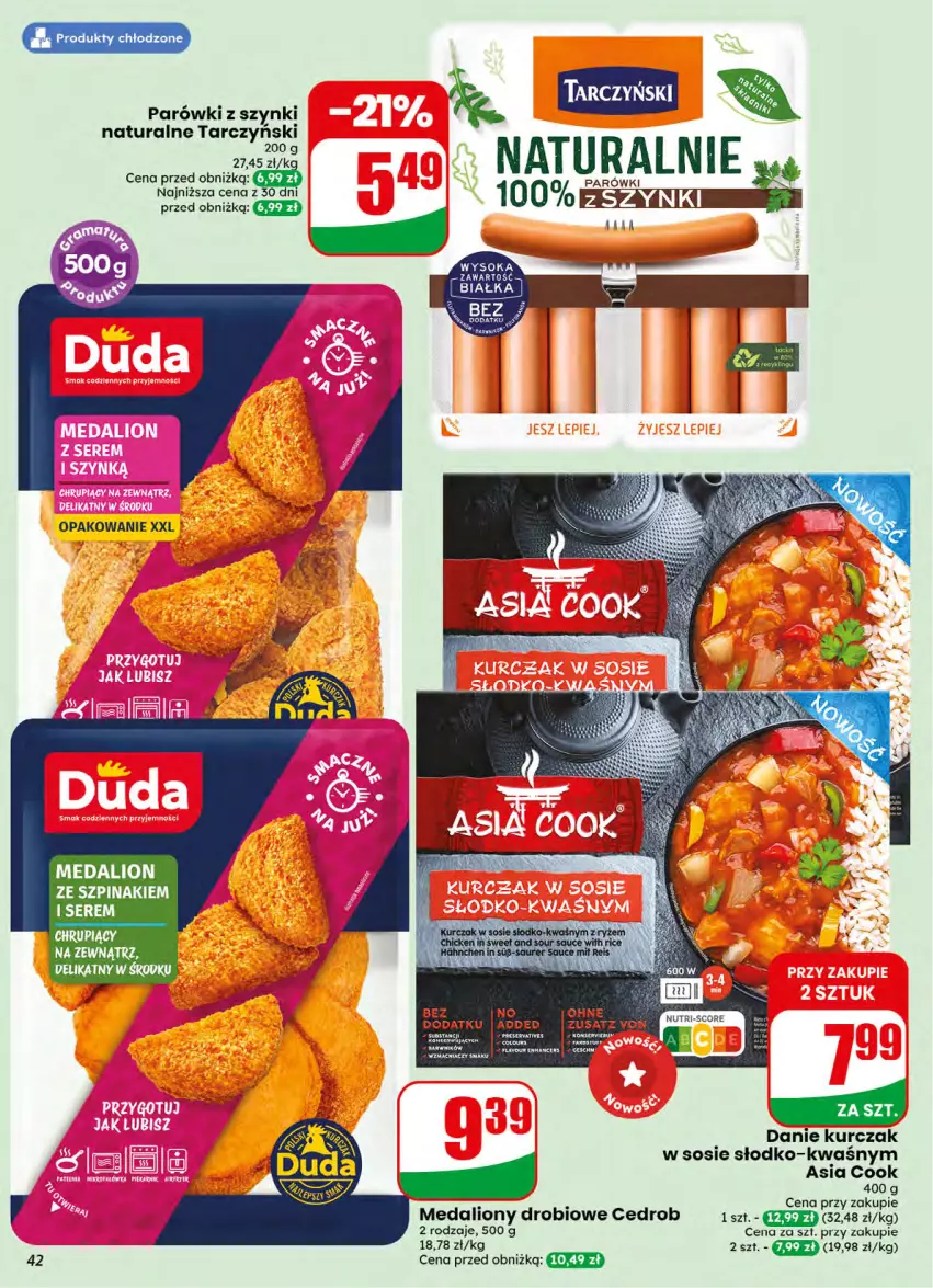 Gazetka promocyjna Dino - Gazetka 32 / 2026 - ważna 05.08 do 11.08.2026 - strona 42 - produkty: Dada, Fa, Kurczak, Lion, Parówki, Parówki z szynki, Sok, Sos, Szpinak, Tarczyński