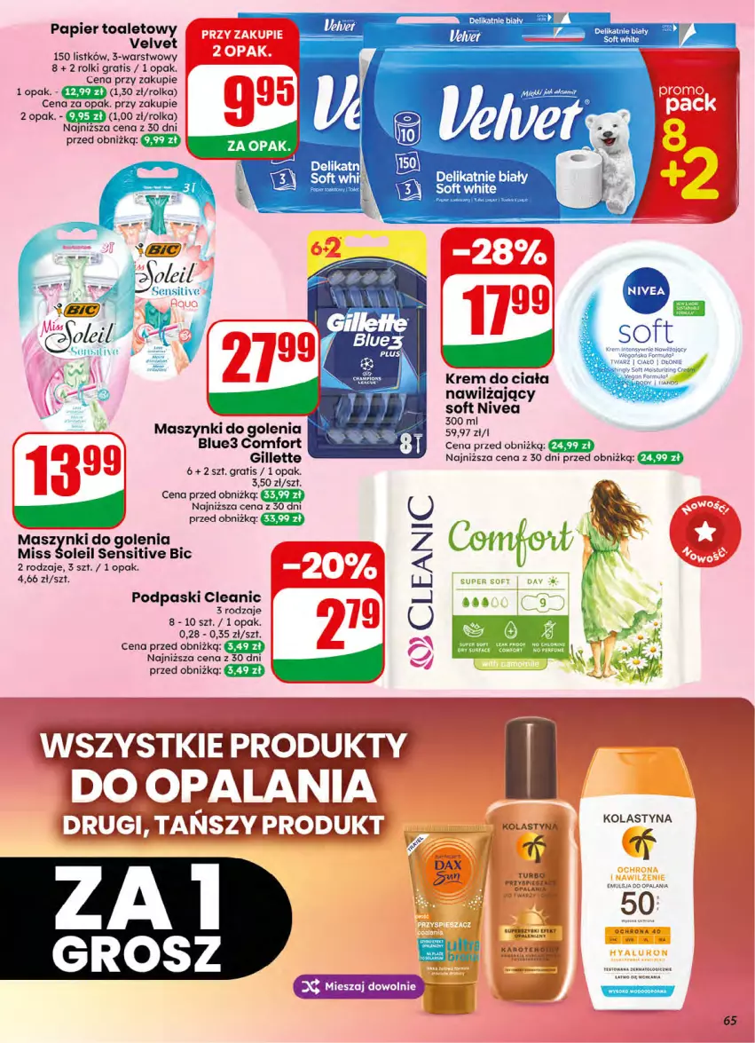 Gazetka promocyjna Dino - Gazetka 32 / 2026 - ważna 05.08 do 11.08.2026 - strona 65 - produkty: BIC, Cleanic, DAX, Emulsja, Gillette, Gra, Krem do ciała, Nivea, Papier, Papier toaletowy, Podpaski, Rolki, Velvet