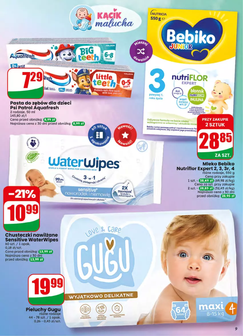 Gazetka promocyjna Dino - Gazetka 32 / 2026 - ważna 05.08 do 11.08.2026 - strona 9 - produkty: Aquafresh, Bebiko, Chusteczki, Dzieci, Mleko, Pasta do zębów, Pieluchy, Psi Patrol
