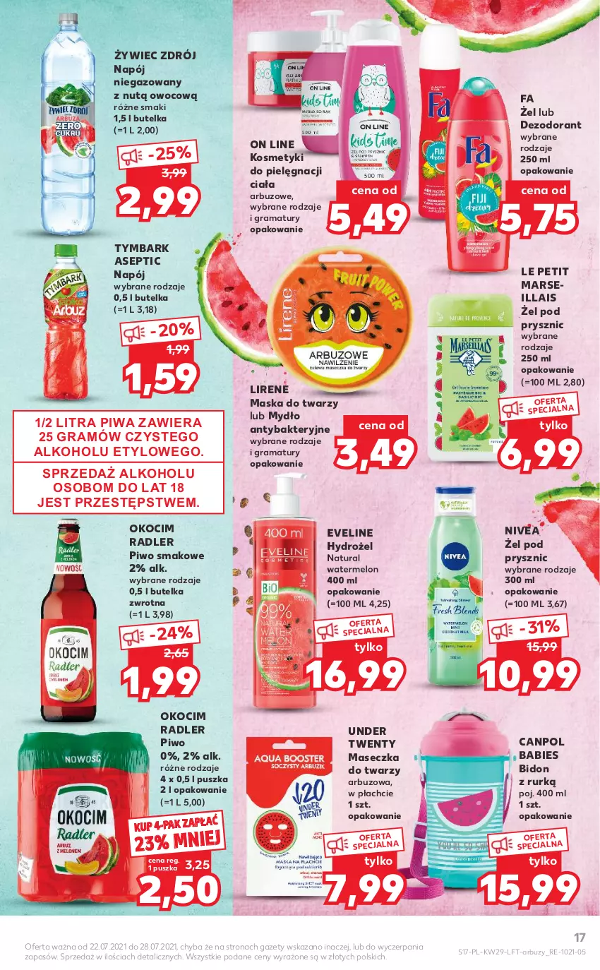 Gazetka promocyjna Kaufland - OFERTA TYGODNIA - ważna 22.07 do 28.07.2021 - strona 17 - produkty: Arbuz, Canpol, Dezodorant, Eveline, Fa, Gra, Koc, Kosmetyki do pielęgnacji, Lirene, Mars, Maska, Maska do twarzy, Melon, Mydło, Napój, Napój niegazowany, Nivea, Okocim, Piwa, Piwo, Radler, Rama, Tymbark