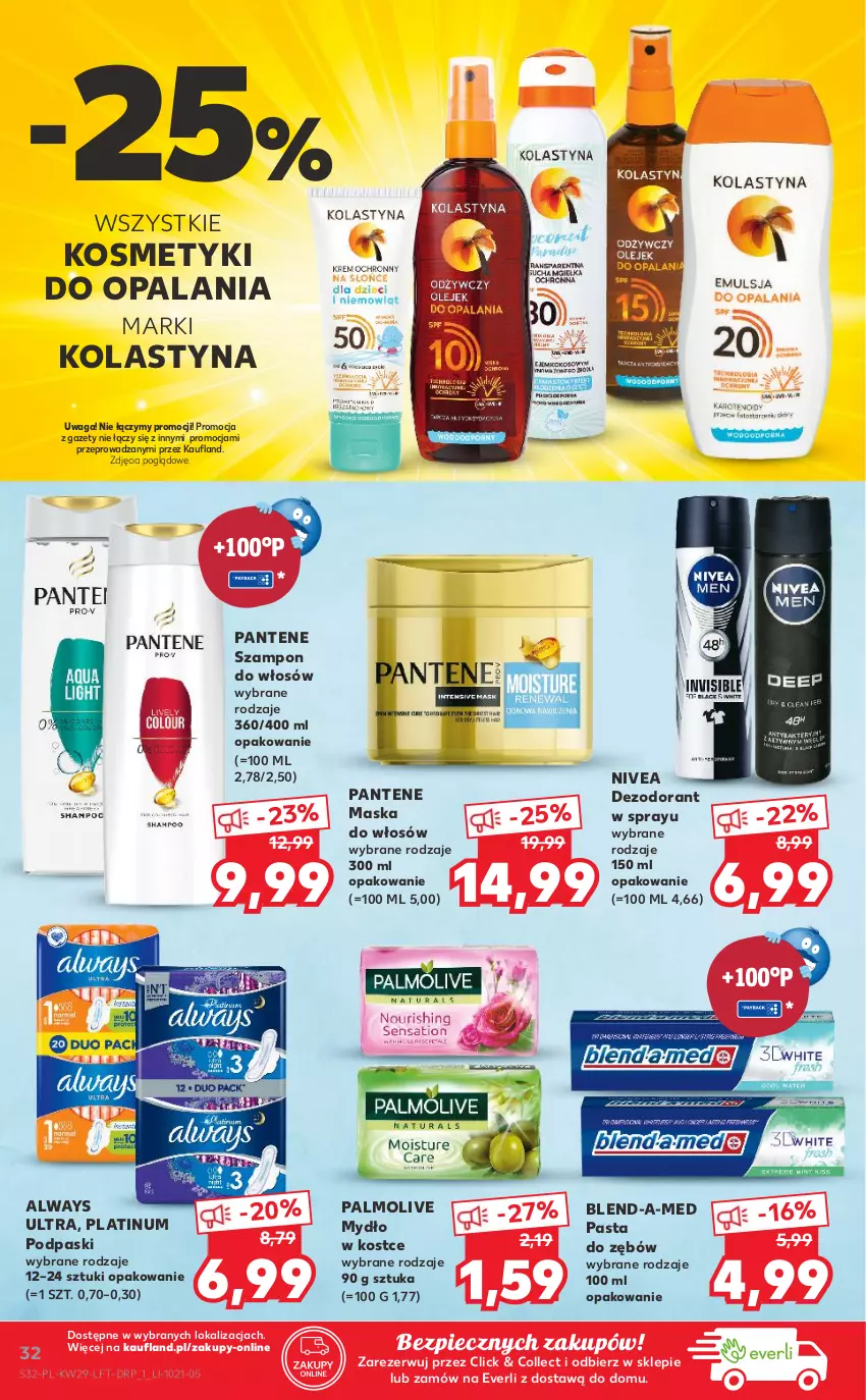 Gazetka promocyjna Kaufland - OFERTA TYGODNIA - ważna 22.07 do 28.07.2021 - strona 32 - produkty: Always, Always Ultra, Blend-a-Med, Dezodorant, Maska, Maska do włosów, Mydło, Nivea, Palmolive, Pantene, Pasta do zębów, Piec, Podpaski, Szampon, Waga