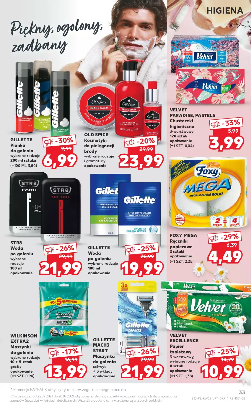 Gazetka promocyjna Kaufland - OFERTA TYGODNIA - ważna 22.07 do 28.07.2021 - strona 33 - produkty: Chusteczki, Foxy, Gillette, Gra, Kosmetyki do pielęgnacji, Mach3, Maszynka, Maszynka do golenia, Old Spice, Papier, Papier toaletowy, Pianka do golenia, Rama, Ręcznik, Ręczniki papierowe, Str8, Szynka, Velvet, Woda, Woda po goleniu