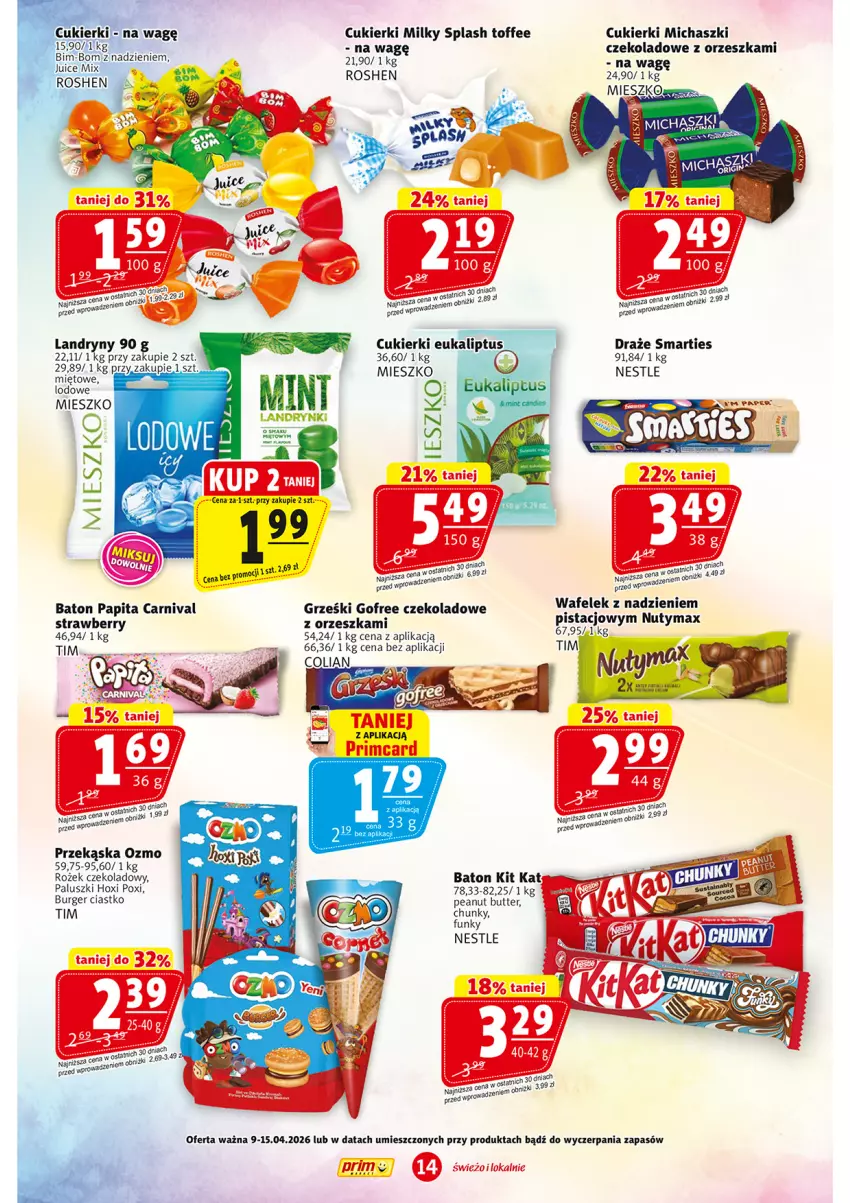Gazetka promocyjna Prim Market - ważna 09.04 do 15.04.2026 - strona 14 - produkty: Baton, Burger, Cukier, Cukierki, Fa, Grześki, Wafelek