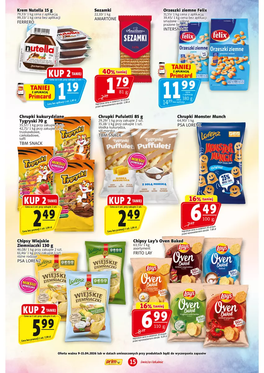 Gazetka promocyjna Prim Market - ważna 09.04 do 15.04.2026 - strona 15 - produkty: Chipsy, Chrupki, Felix, Ferrero, Gin, Gry, Lorenz, Monster Munch, Nutella, Orzeszki, Orzeszki ziemne, Puf, Sezam