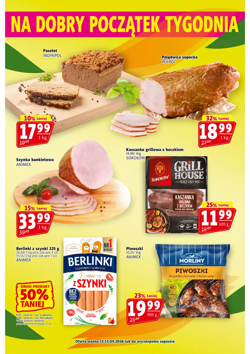 Gazetka promocyjna Prim Market - ważna 09.04 do 15.04.2026 - strona 19 - produkty: Berlinki, Grill, Kasza, Kaszanka, Kurczak, Parówki, Pasztet, Pekpol, Piwo, Polędwica, Por, Skrzydełka z kurczaka, Sok, Sokołów, Szynka