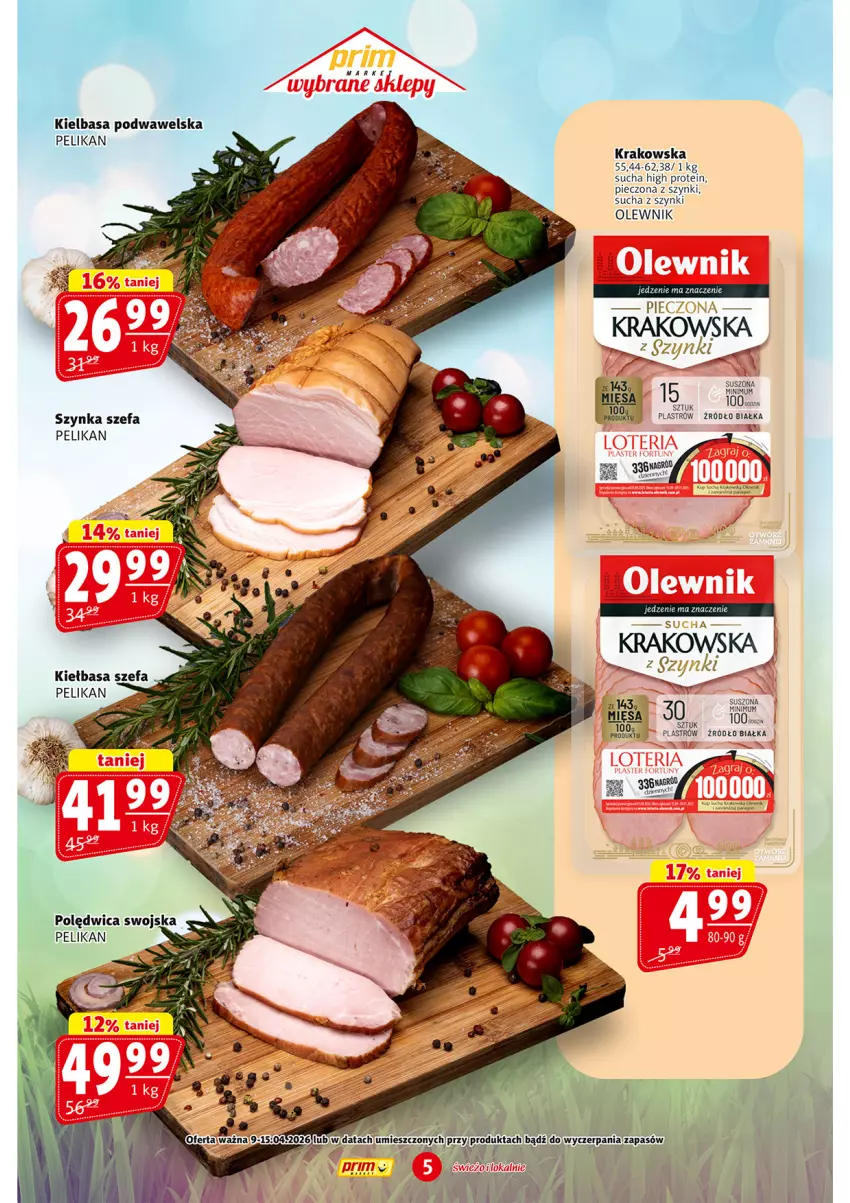 Gazetka promocyjna Prim Market - ważna 09.04 do 15.04.2026 - strona 5 - produkty: Fa, Kiełbasa, Olewnik, Piec, Polędwica, Szynka, Wawel