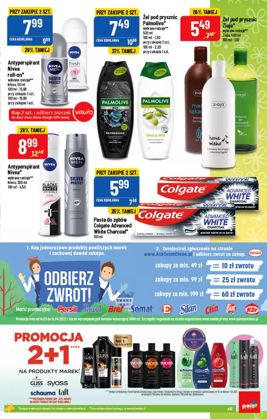 Gazetka promocyjna PoloMarket - Gazetka pomocyjna - ważna 06.04 do 12.04.2022 - strona 45 - produkty: Antyperspirant, Colgate, Fa, Kawa, LG, Nivea, Palmolive, Pasta do zębów, Saga, Schauma, Syoss, Taft