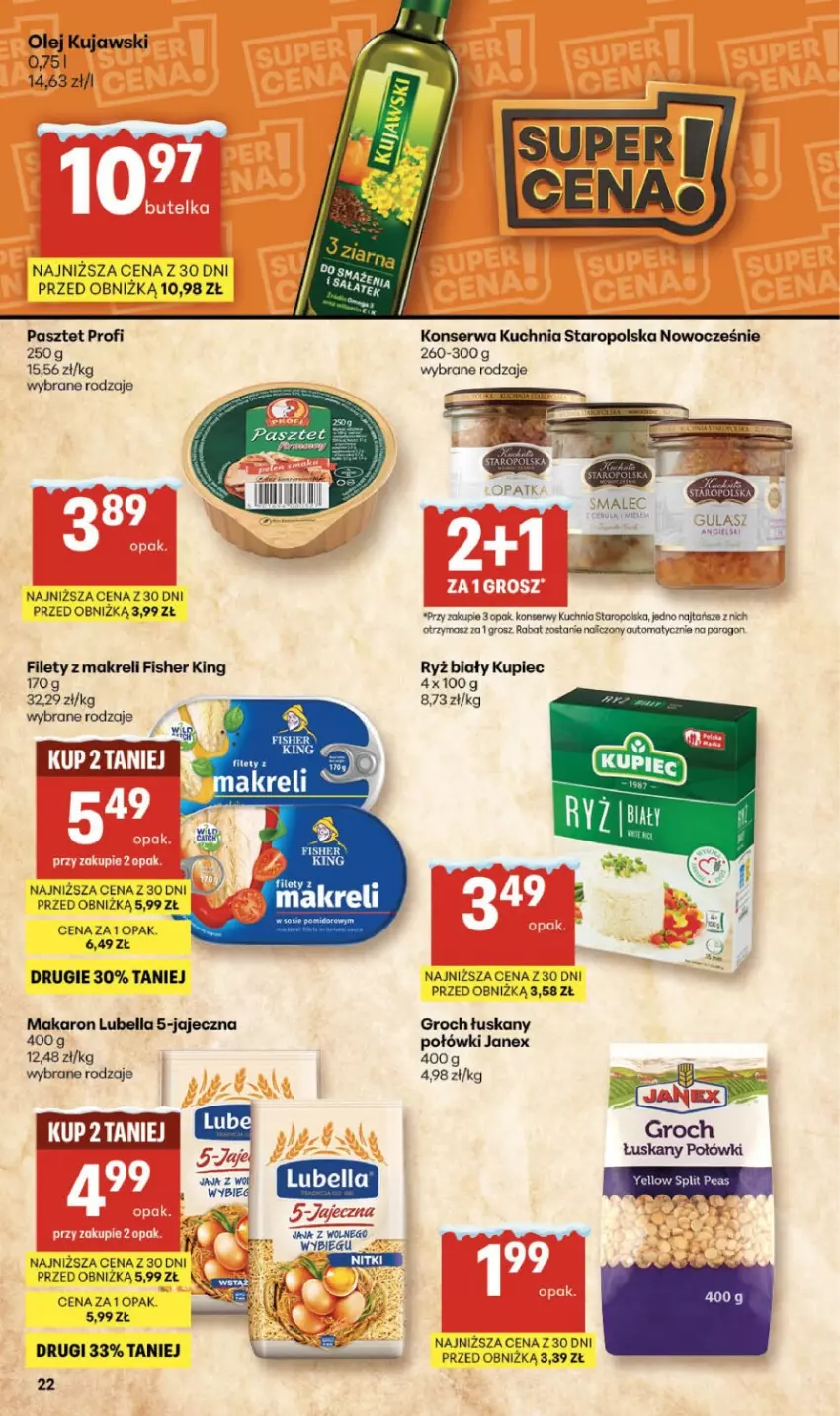 Gazetka promocyjna Delikatesy Centrum - Franczyza DC05 Czwartek - ważna 29.01 do 04.02.2026 - strona 22 - produkty: Bell, Bella, Groch, Kuchnia, Kuchnia Staropolska, Kujawski, Kupiec, Lubella, Makaron, Olej, Pasztet, Piec, Ryż, Ryż biały, Ser