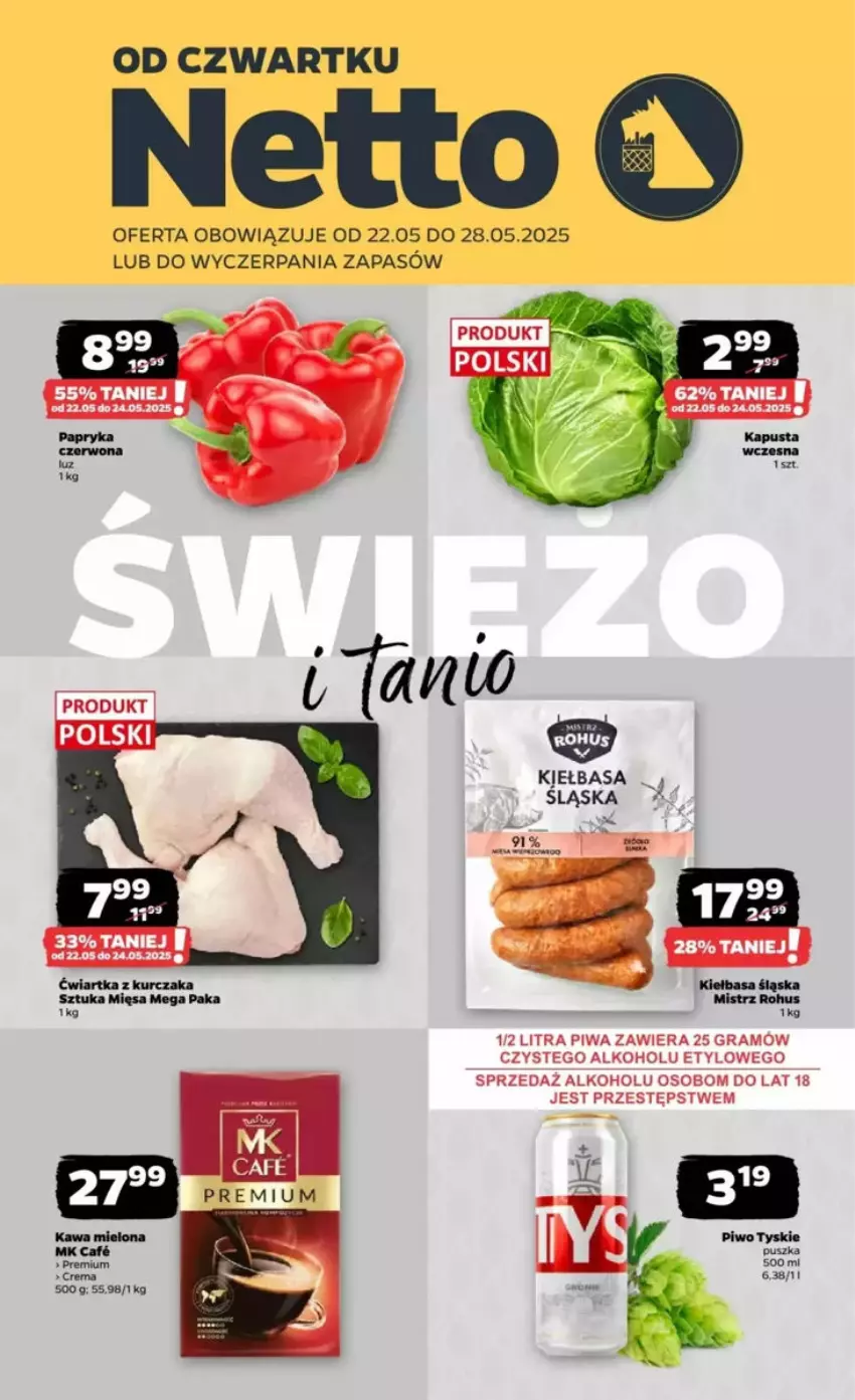 Gazetka promocyjna Netto - ważna 22.05 do 28.05.2025 - strona 1 - produkty: Gra, Kawa, Kawa mielona, Kiełbasa, Piwa, Piwo, Tyskie