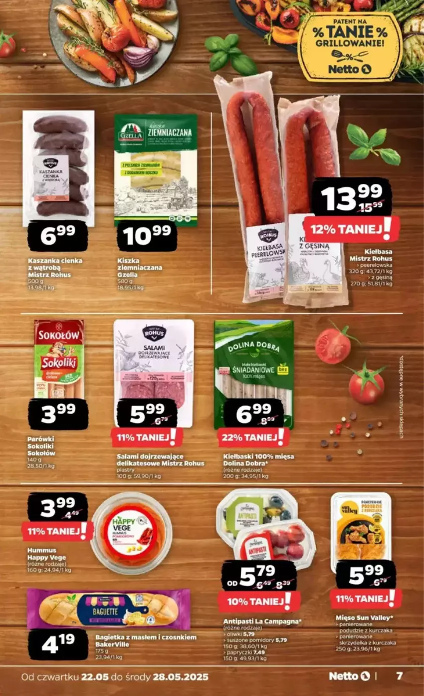 Gazetka promocyjna Netto - ważna 22.05 do 28.05.2025 - strona 67 - produkty: Bagietka, Hummus, Kiełbasa, Kurczak, Mięso, Mus, Oliwki, Parówki, Parówki sokoliki, Podudzie z kurczaka, Salami, Salsa, Skrzydełka z kurczaka, Sok, Sokołów