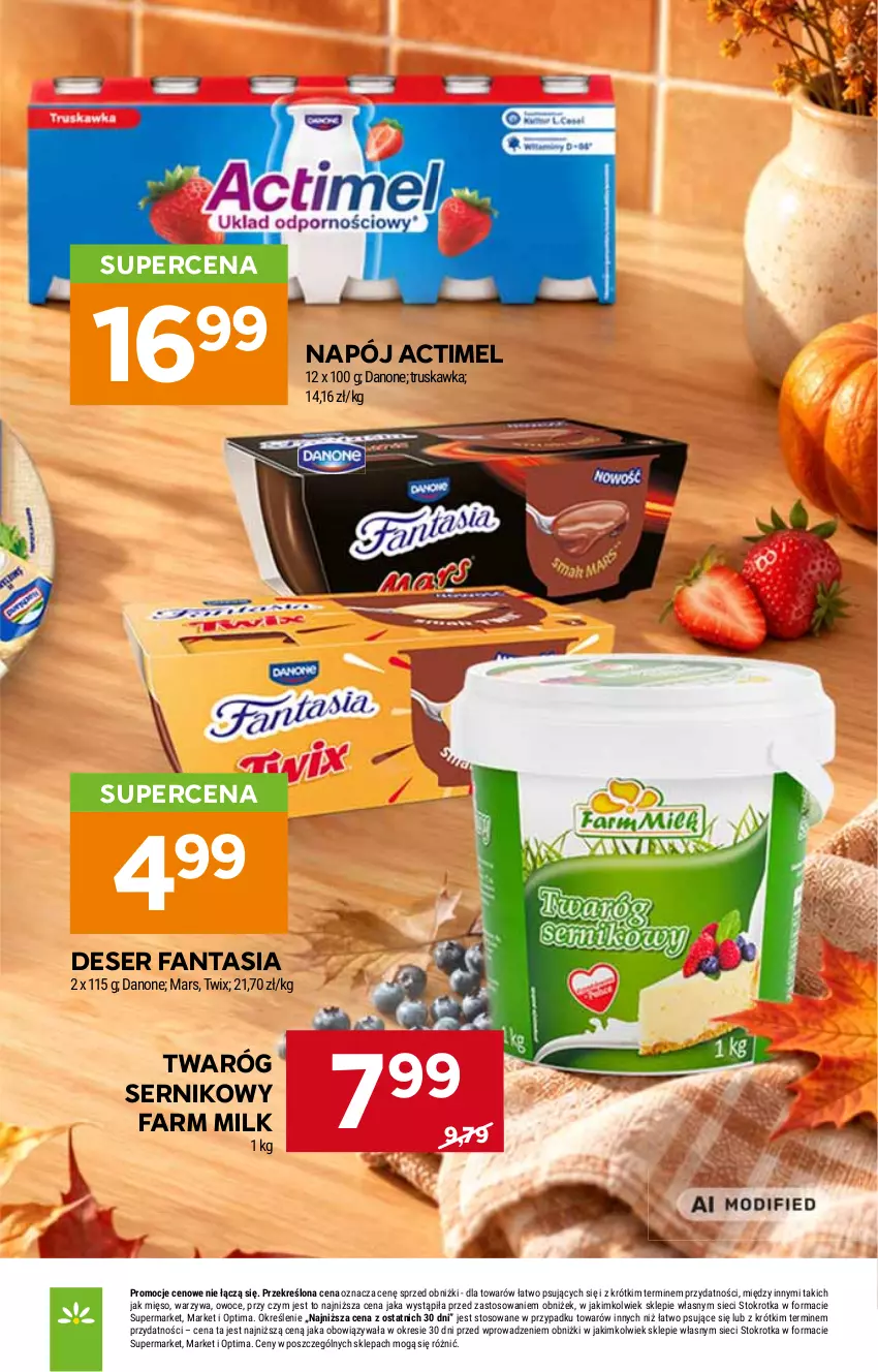 Gazetka promocyjna Stokrotka - Supermarket - ważna 29.10 do 04.11.2026 - strona 27 - produkty: Actimel, Danone, Deser, Fa, Fanta, Farm Milk, Mars, Mięso, Napój, Optima, Owoce, Ser, Twaróg, Twix, Warzywa