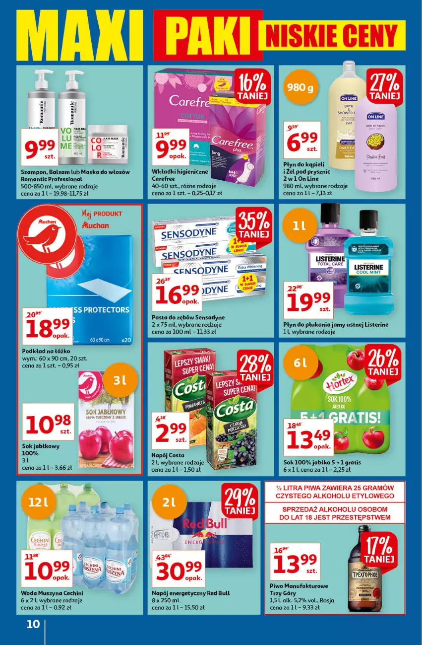 Gazetka promocyjna Auchan - Maxi Paki Niskie Ceny Hipermarkety - ważna 13.01 do 19.01.2022 - strona 10 - produkty: Carefree, Fa, Gra, Listerine, Maska, Maska do włosów, Mus, Napój, Napój energetyczny, Pasta do zębów, Piwa, Piwo, Płyn do kąpieli, Płyn do płukania, Płyn do płukania jamy ustnej, Podkład, Red Bull, Sok, Szampon, Szyna, Wkładki, Woda