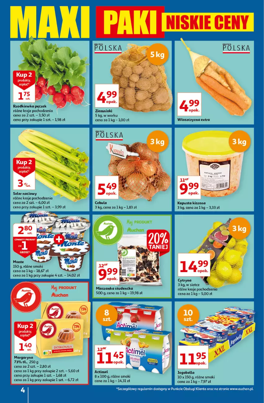 Gazetka promocyjna Auchan - Maxi Paki Niskie Ceny Hipermarkety - ważna 13.01 do 19.01.2022 - strona 4 - produkty: Actimel, Bell, Bella, Jogobella, Margaryna, Mieszanka studencka, Monte, Rzodkiewka, Seler naciowy, Ziemniaki