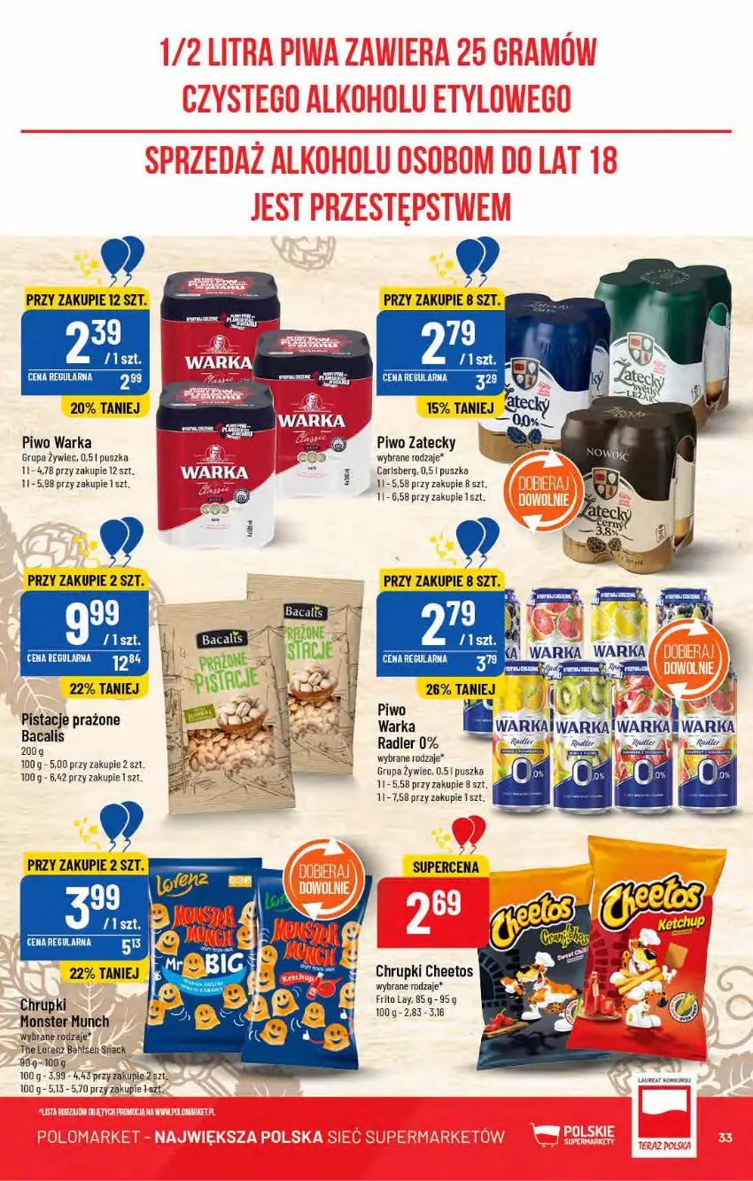 Gazetka promocyjna PoloMarket - Gazetka pomocyjna - ważna 13.07 do 19.07.2022 - strona 33 - produkty: Carlsberg, Cheetos, Chrupki, Lorenz, Monster Munch, Piwo, Radler, Warka