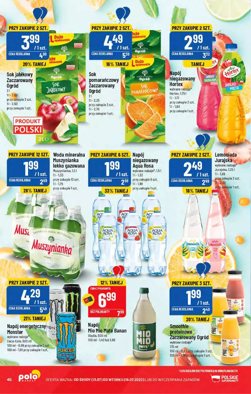 Gazetka promocyjna PoloMarket - Gazetka pomocyjna - ważna 13.07 do 19.07.2022 - strona 46 - produkty: Hortex, Lemoniada, Mus, Muszynianka, Napój, Ogród, Sok, Sok jabłkowy, Woda, Woda mineralna