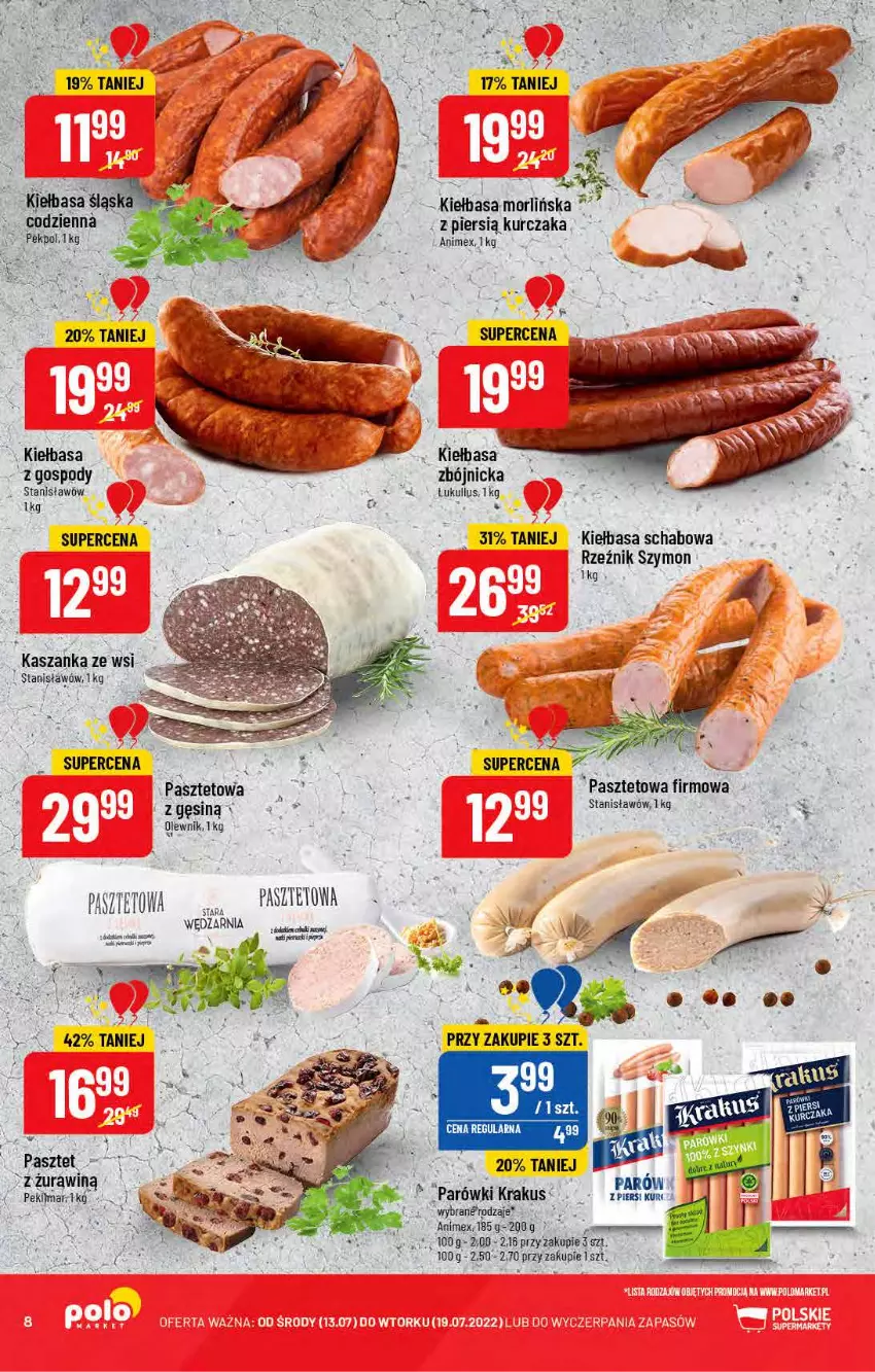 Gazetka promocyjna PoloMarket - Gazetka pomocyjna - ważna 13.07 do 19.07.2022 - strona 8 - produkty: Fa, Kasza, Kiełbasa, Kiełbasa schabowa, Krakus, Kurczak, Parówki, Pasztet, Szafka