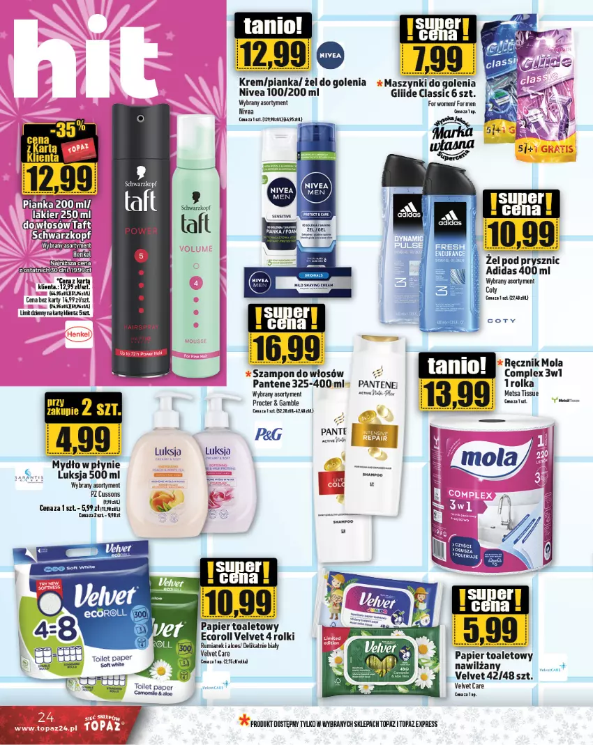 Gazetka promocyjna Topaz - Gazetka - ważna 27.12 do 31.12.2024 - strona 24 - produkty: Adidas, Fa, Luksja, Mola, Nivea, Pantene, Papier, Papier toaletowy, Ręcznik, Rolki, Rum, Schwarzkopf, Szampon, Top, Velvet