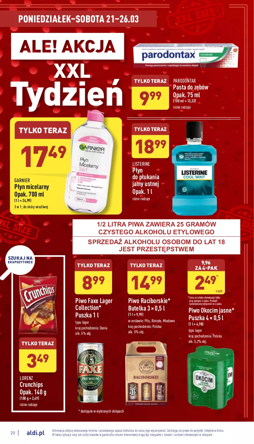 Gazetka promocyjna Aldi - Pełny katalog - ważna 21.03 do 26.03.2022 - strona 20 - produkty: Crunchips, Fa, Garnier, Gra, Koc, Listerine, Lorenz, Okocim, Parodontax, Pasta do zębów, Piwa, Piwo, Płyn do płukania, Płyn do płukania jamy ustnej, Płyn micelarny, Tera