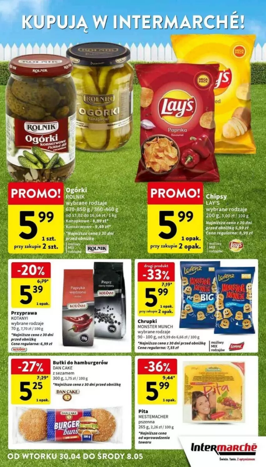 Gazetka promocyjna Intermarche - ważna 30.04 do 08.05.2024 - strona 2 - produkty: Burger, Chrupki, Dan Cake, Hamburger, Monster Munch, Rolnik, Ser, Sezam