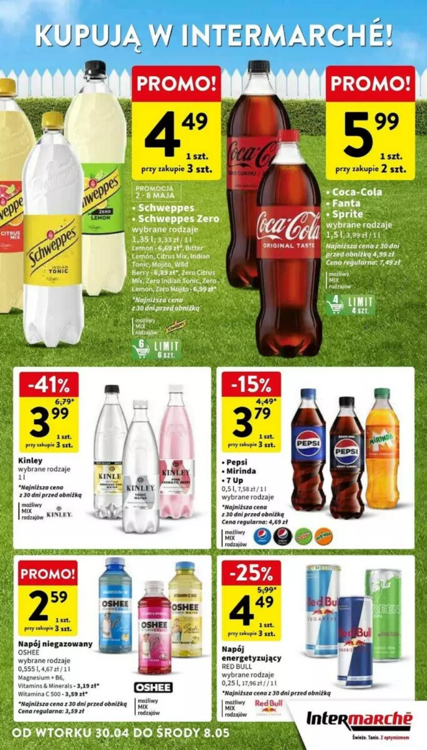 Gazetka promocyjna Intermarche - ważna 30.04 do 08.05.2024 - strona 4 - produkty: Fa, Mirinda, Napój, Napój niegazowany, Oshee, Pepsi, Red Bull