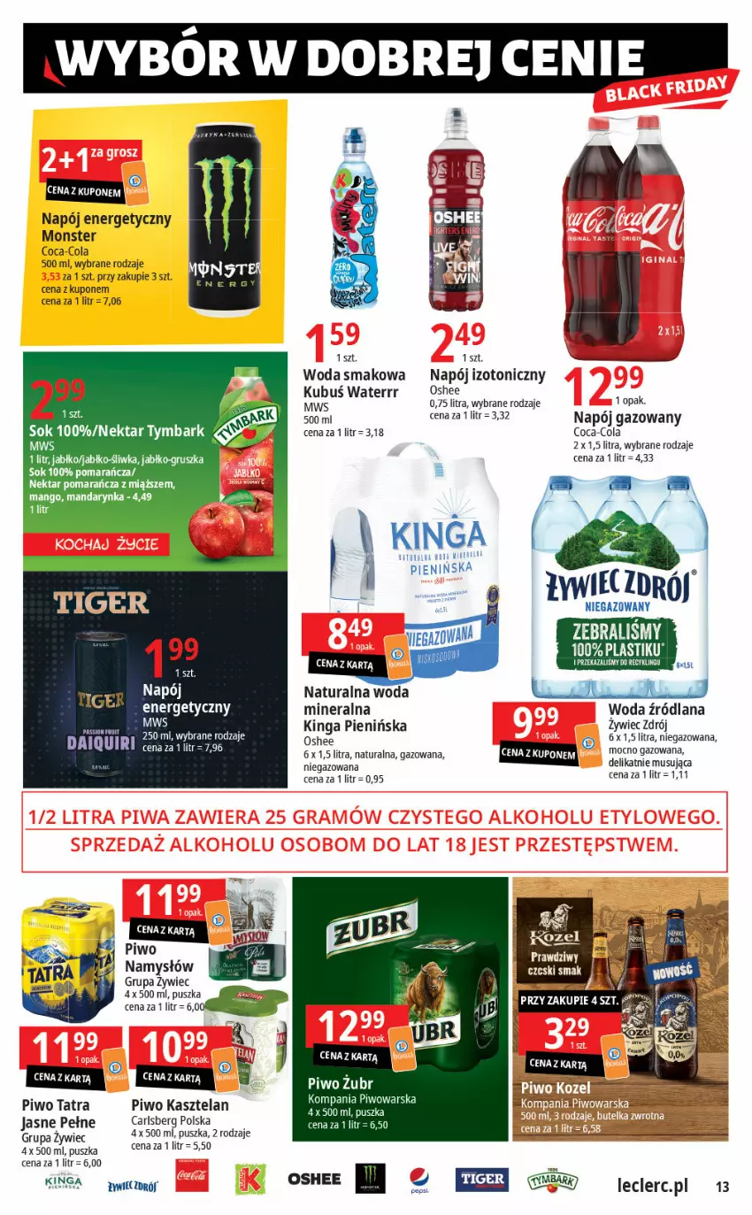 Gazetka promocyjna E Leclerc - ważna 14.11 do 25.11.2023 - strona 13 - produkty: Carlsberg, Coca-Cola, Fa, Kasztelan, Kubuś, Kubuś Waterrr, LANA, LG, Mango, Mus, Namysłów, Napój, Napój energetyczny, Napój gazowany, Napój izotoniczny, Nektar, Oshee, Piwo, Sok, Stek, Tatra, Tiger, Tymbark, Woda