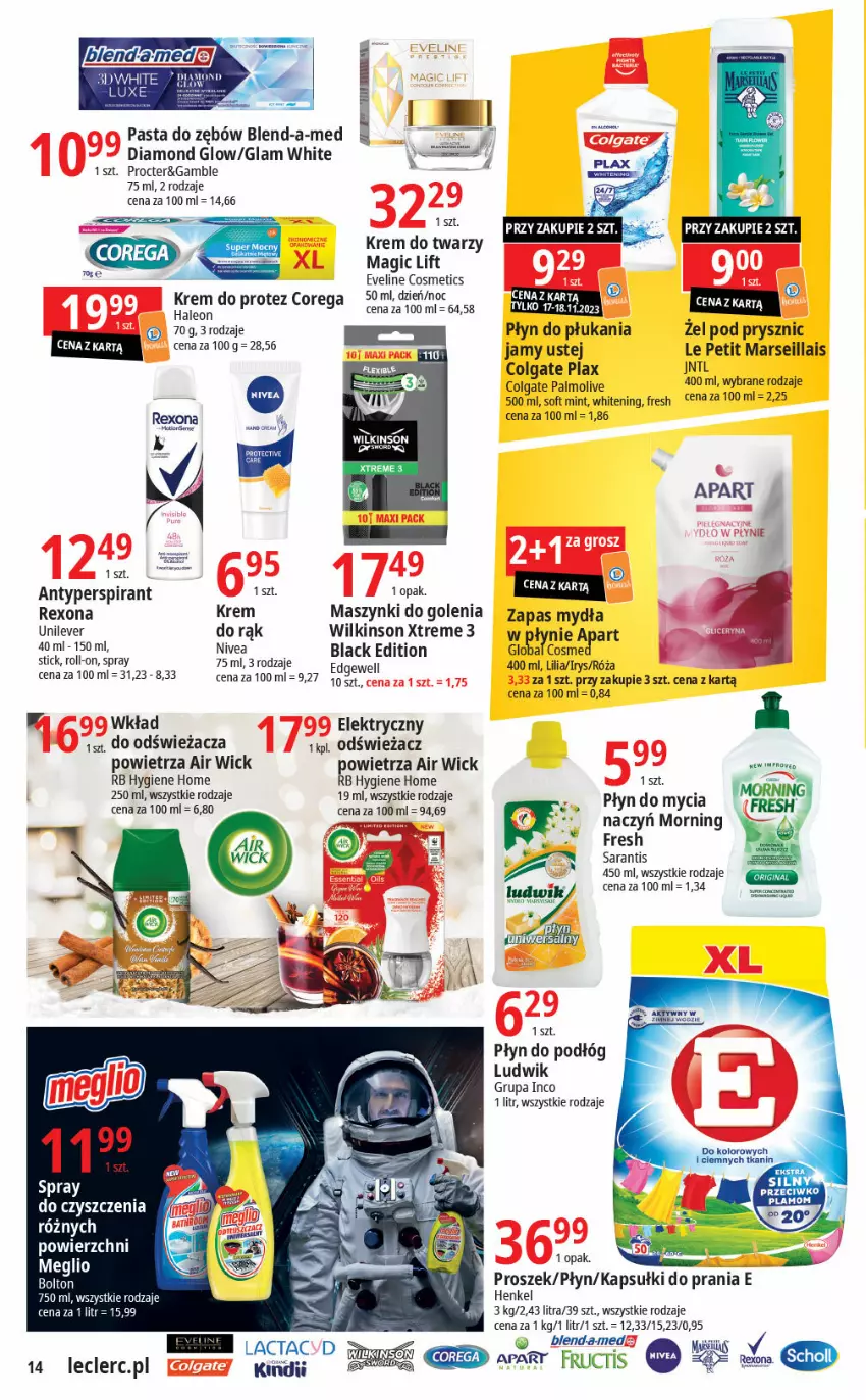 Gazetka promocyjna E Leclerc - ważna 14.11 do 25.11.2023 - strona 14 - produkty: Air Wick, Antyperspirant, Blend-a-Med, Colgate, Corega, Eveline, Gry, Kapsułki do prania, Krem do twarzy, Lack, Leon, LG, Ludwik, Mars, NBA, Nivea, Odświeżacz powietrza, Palmolive, Pasta do zębów, Płyn do mycia, Płyn do płukania, Rexona, Róża, Spray do czyszczenia