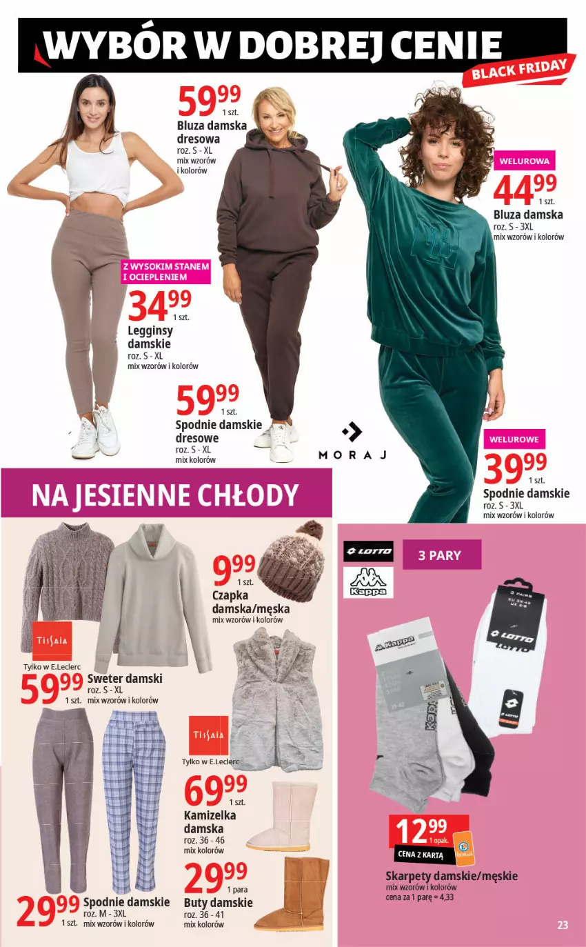 Gazetka promocyjna E Leclerc - ważna 14.11 do 25.11.2023 - strona 23 - produkty: Bluza, Buty, Czapka, Dres, Gin, Kamizelka, Karp, Legginsy, Paleta, Por, Spodnie, Sweter