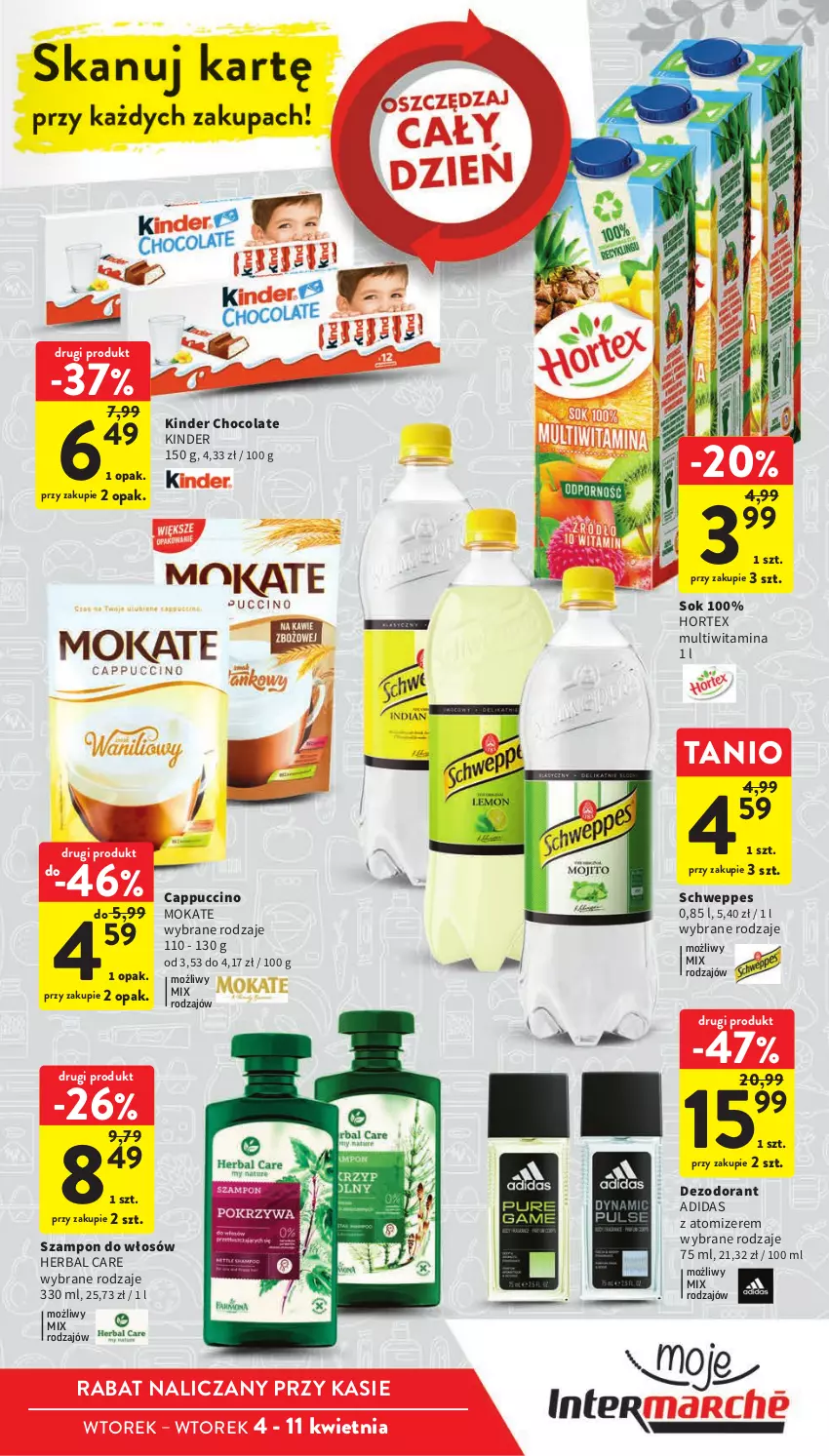 Gazetka promocyjna Intermarche - Gazetka Intermarche - ważna 04.04 do 11.04.2023 - strona 19 - produkty: Adidas, Cappuccino, Dezodorant, Hortex, Kinder, Schweppes, Sok, Szampon