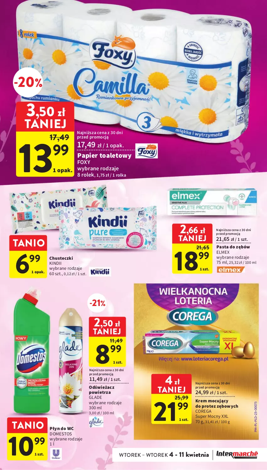 Gazetka promocyjna Intermarche - Gazetka Intermarche - ważna 04.04 do 11.04.2023 - strona 47 - produkty: Chusteczki, Corega, Domestos, Elmex, Foxy, Kindii, Odświeżacz powietrza, Papier, Papier toaletowy, Pasta do zębów, Płyn do wc