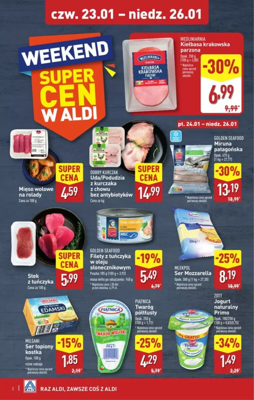 Gazetka promocyjna Aldi - ważna 23.01 do 29.01.2025 - strona 2 - produkty: Kiełbasa, Kiełbasa krakowska, Kurczak, Mięso, Mięso wołowe, Miruna, Tuńczyk